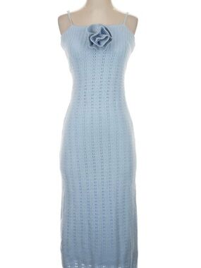 Freshman Light Blue Knit Spaghetti-Strap Maxi Dress with Floral Appliqué